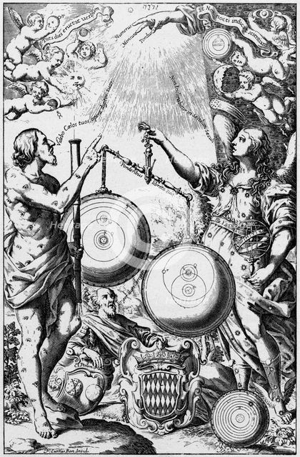 Urania, the Muse of Astronomy, weighing and comparing systems of the universe, 1651 Creator: Unknown.