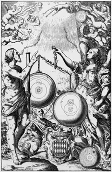Urania, the Muse of Astronomy, weighing and comparing systems of the universe, 1651 Creator: Unknown