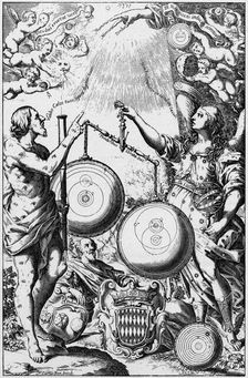 Urania, the Muse of Astronomy, weighing and comparing systems of the universe, 1651