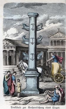 Urban life in Rome, commemorative column of a victory, engraving 1866