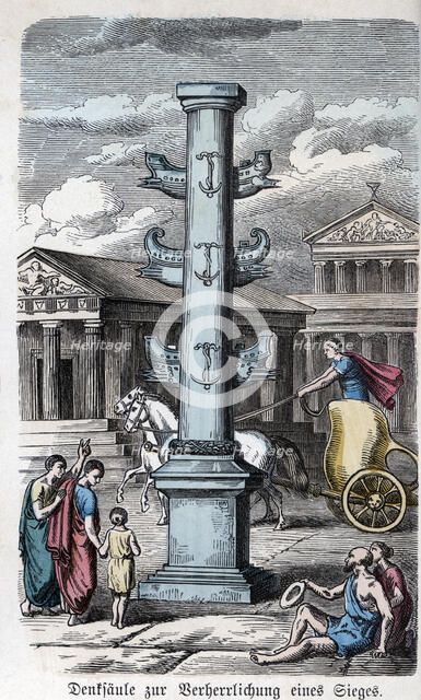 Urban life in Rome, commemorative column of a victory, engraving 1866.