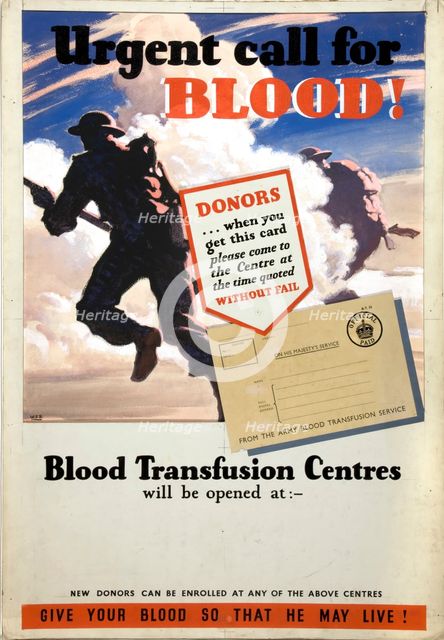 'Urgent call for blood', World War II poster, between 1939 and 1946. Creators: Central Office of Information, Unknown.