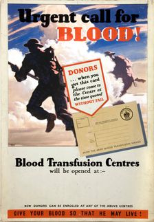 Urgent call for blood World War II poster, between 1939 and 1946. Creators: Central Office of Information, Unknown