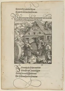 Urged by Fürwittig, Theuerdanck Tries to Manipulate a Polishing Stone, from Theuerdanck,..., 1517. Creator: Hans Schäufelein the Elder