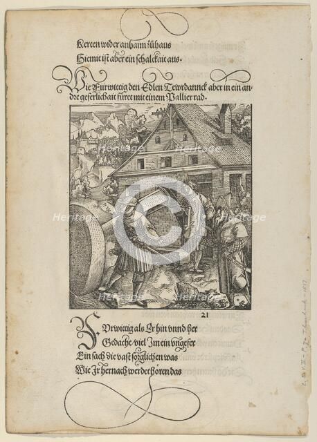Urged by Fürwittig, Theuerdanck Tries to Manipulate a Polishing Stone, from Theuerdanck,..., 1517. Creator: Hans Schäufelein the Elder.