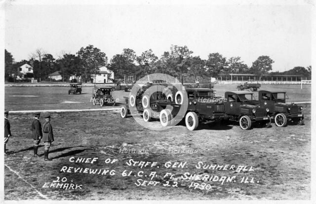 US Army Chief of Staff General Summerall reviewing troops, Fort Sheridan, Illinois, USA, 1930. Artist: Ekmark Photo