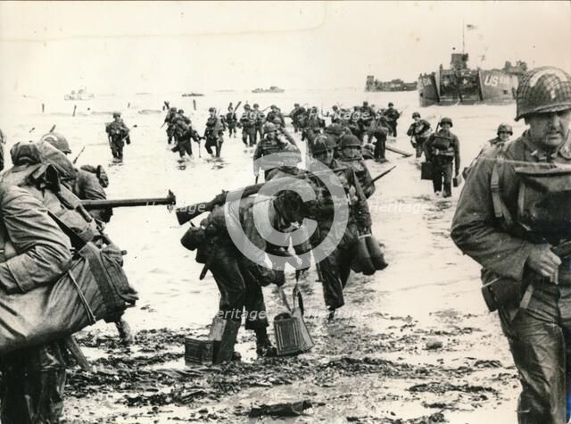 US assault troops landing on a beachhead, Normandy, 1944. Artist: Unknown