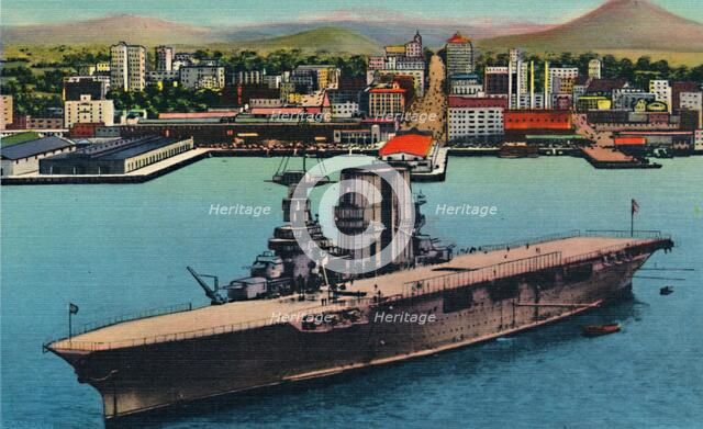 'U.S. Navy Plane Carrier at Anchor at Foot of Broadway. San Diego, California', c1941. Artist: Unknown.