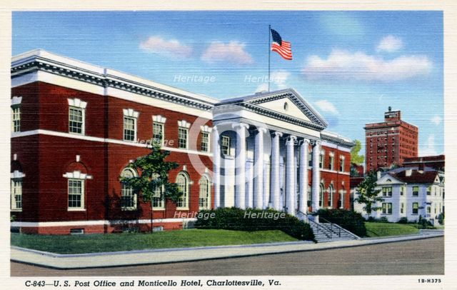 US Post Office and Monticello Hotel, Charlottesville, Virginia, USA, 1941. Artist: Unknown