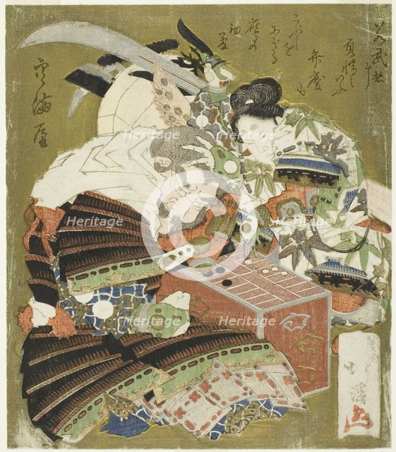 Ushiwakamaru (Minamoto no Yoshitsune) defeats Benkei in a game of sugoroku, c. 1825. Creator: Totoya Hokkei.