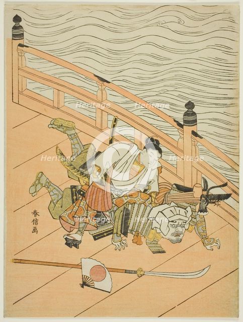 Ushiwakamaru and Benkei fighting on Gojo Bridge, c. 1767. Creator: Suzuki Harunobu.