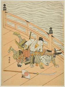 Ushiwakamaru and Benkei fighting on Gojo Bridge, c. 1767. Creator: Suzuki Harunobu