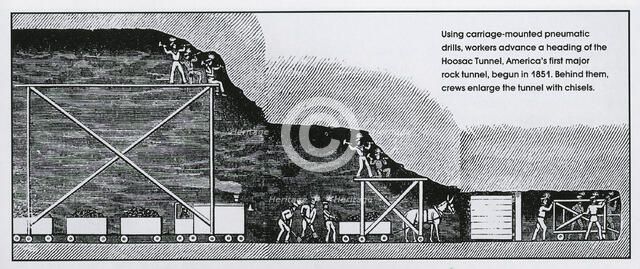 Using carriage-mounted pneumatic drills, workers advance a heading of the Hoosac Tunnel, America's first major rock tunnel, begun in 1851. Behind them, crews enlarge the tunnel with chisels. [For invoicing purposes]