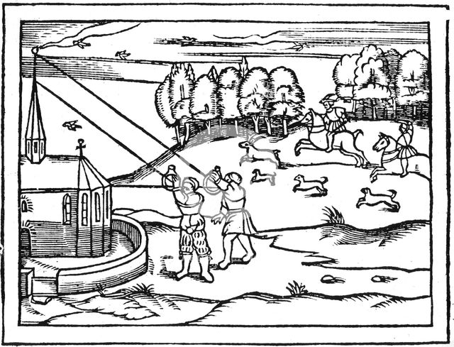 Using astrolabes to calculate the height of a steeple, 1539. Creator: Petrus Apianus.