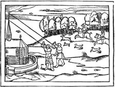 Using astrolabes to calculate the height of a steeple, 1539. Creator: Petrus Apianus