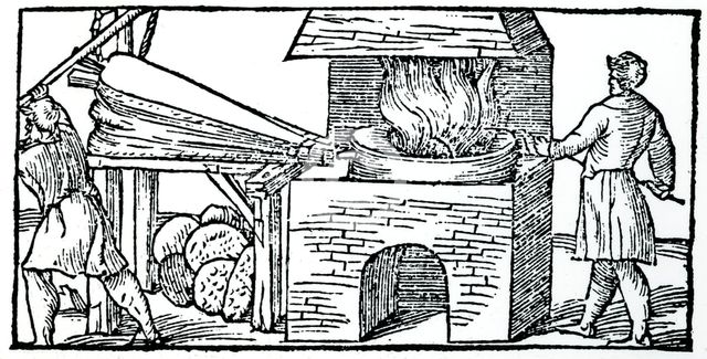 Using bellows to increase the draught in a furnace, 1540. Artist: Unknown
