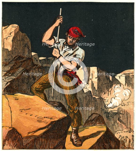Using gunpowder in a stone quarry, 1867. Creator: Anon.