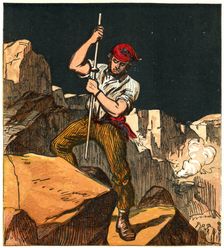 Using gunpowder in a stone quarry, 1867. Creator: Anon