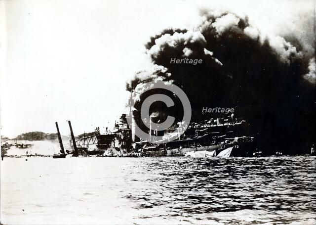 USS Shaw, attack on Pearl Harbor, December 7th, 1941. Artist: Unknown