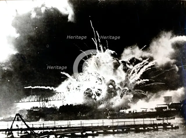 USS 'Shaw' exploding during the attack on Pearl Harbour, Hawaii, World War II, 7 December 1941. Creator: Unknown.