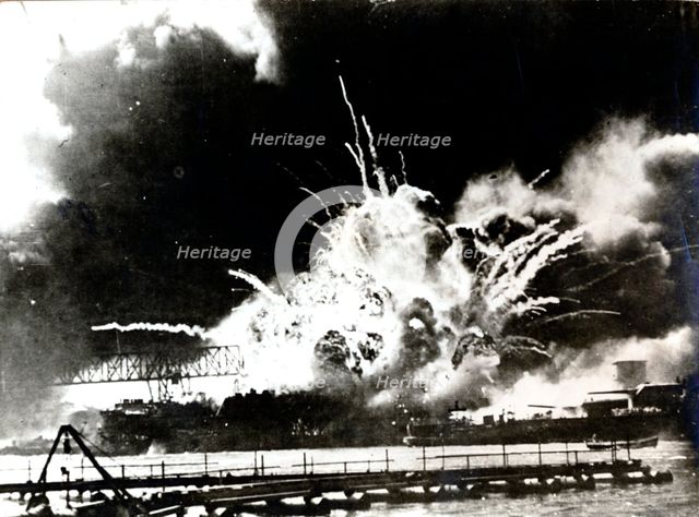 USS 'Shaw' exploding during the attack on Pearl Harbour, Hawaii, World War II, 7 December 1941. Creator: Unknown.