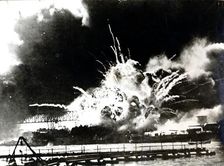 USS Shaw exploding during the attack on Pearl Harbour, Hawaii, World War II, 7 December 1941