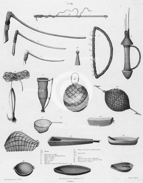 Utensils of the inhabitants of the Caroline Islands, 19th century. Creators: Alexander Postels, Godefroy Engelmann.