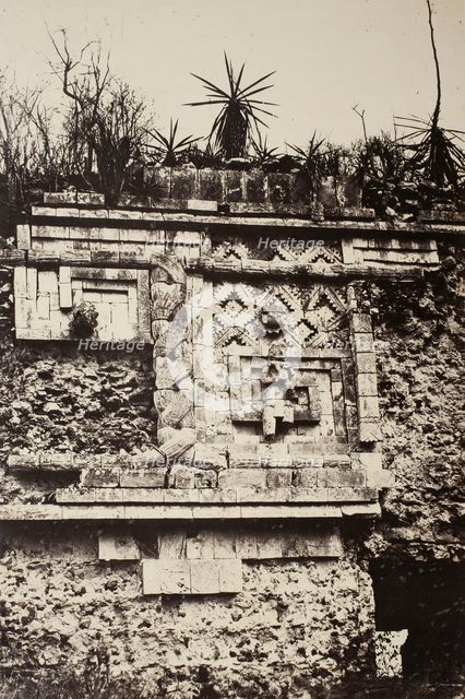 Uxmal, Indian Bas Relief, Nun's Palace  (Uxmal, Bas Relief de l'Indien, Palais des Nonnes), 1860. Creator: Désiré Charnay.