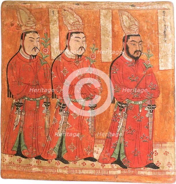 Uyghur Princes wearing Chinese-styled robes and headgear. (From the Bezeklik Caves), 8th-9th century Creator: Central Asian Art.