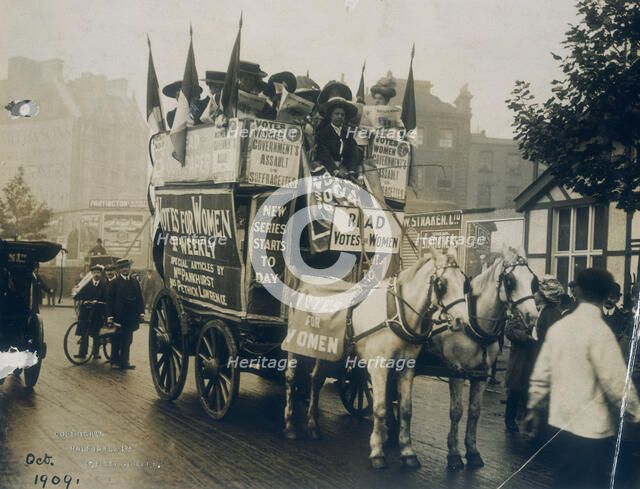 Votes for Women cart, October 1909. Artist: Unknown