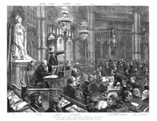 'Voting at the London County Council; Lord Roseberry counting the show of hands... 1890. Creator: Unknown