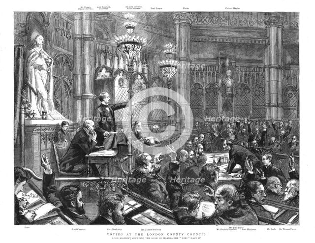 ''Voting at the London County Council; Lord Roseberry counting the show of hands...', 1890. Creator: Unknown.