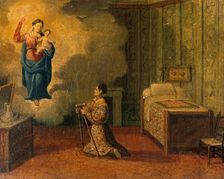 Votive picture: a woman kneeling with crutches, praying to the Virgin and Child. Creator: Unknown