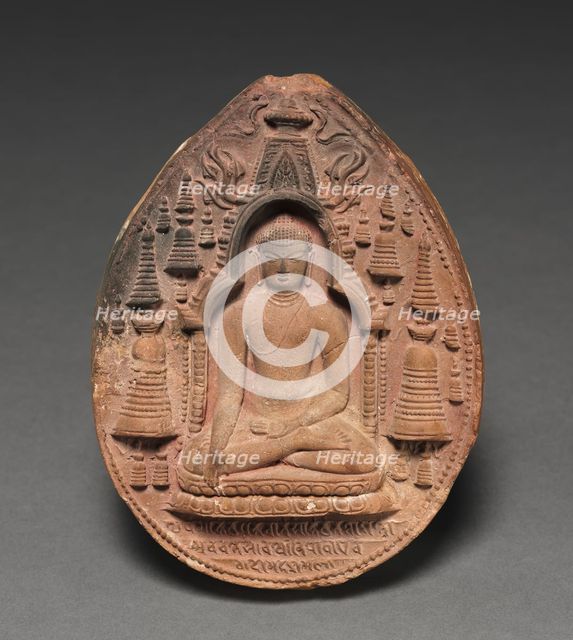 Votive Plaque with Figure of the Buddha, Temple at Bodhgaya, and Stupas, 800s. Creator: Unknown.