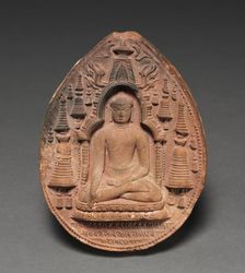 Votive Plaque with Figure of the Buddha, Temple at Bodhgaya, and Stupas, 800s. Creator: Unknown
