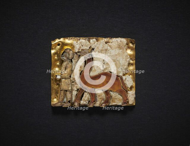 Votive plaque in cloisonné with man leading a camel. From the Oxus Temple..., 6th-5th cent. BC. Creator: Central Asian Art.