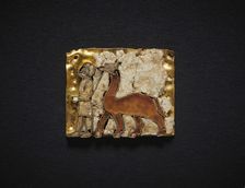 Votive plaque in cloisonné with man leading a camel. From the Oxus Temple..., 6th-5th cent. BC. Creator: Central Asian Art