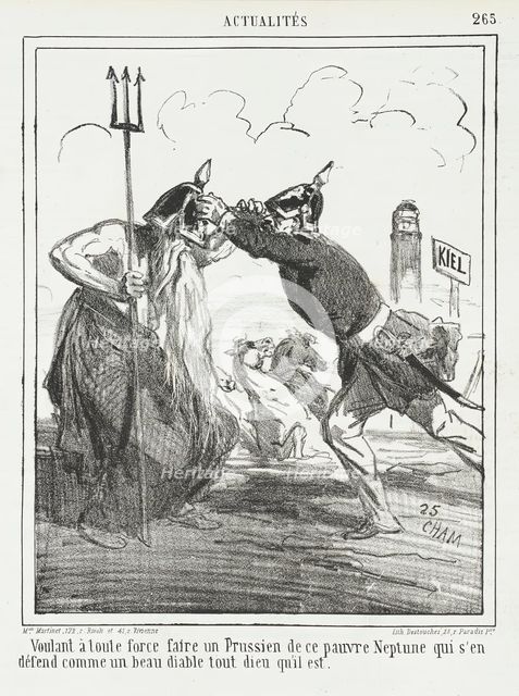 Voulant à toute force faire un Prussien de ce pauvre Neptune qui s'en défend comme un..., 1865. Creator: Cham.