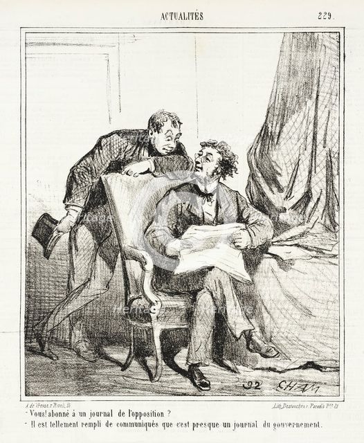 Vous! Abonné à un journal de l'opposition? -Il est tellement rempli de communiques que..., 1867. Creator: Cham.