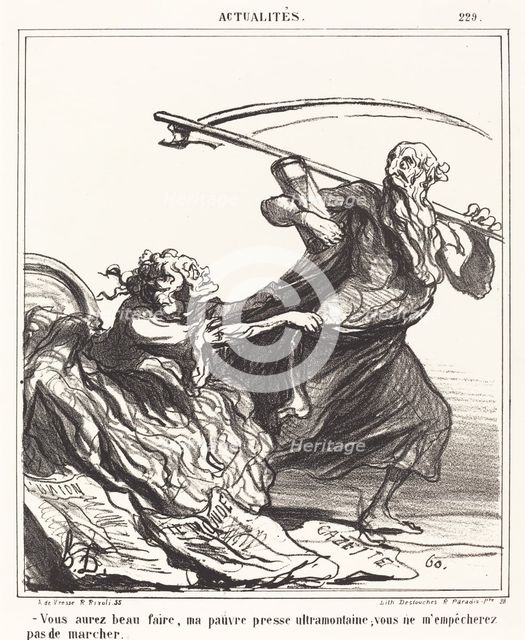 Vous aurez beau faire, ma pauvre presse ultramontaine; vous ne m'empêcherez pas de marcher..., 1866. Creator: Honore Daumier.