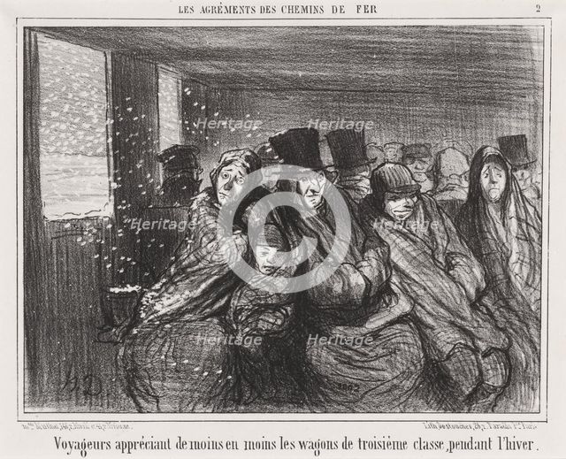 Voyageurs appréciant de moins en moins les wagons de troisième classe pendant l'hiver, 1856. Creator: Honore Daumier.