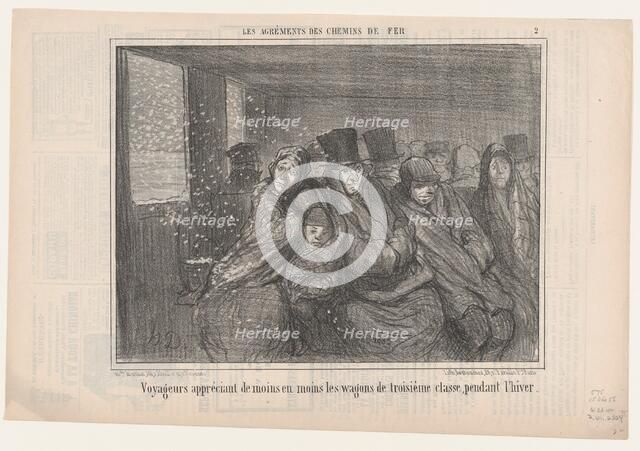 Voyageurs appréciant de moins en moins les wagons de troisième classe pendant l'hiver, 1856. Creator: Honore Daumier.