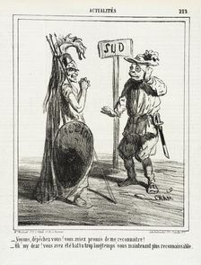 Voyons, Dépêchez vous! vous aviez promis de me reconnaitre! -Oh my dear! Vous avez été battu...,1865 Creator: Cham