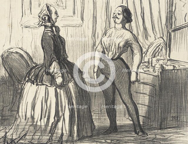 Voyons...Ai-je l'air assez homme comme ça?, 1856. Creator: Honore Daumier.