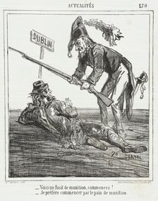 Voici un fusil de munition, commencez! -Je préfère commencer par le pain de munition, 1865. Creator: Cham