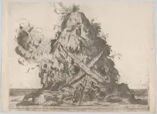 Volcano at center with blacksmiths working at left and armor on the ground around ..., 16th century. Creator: Anon