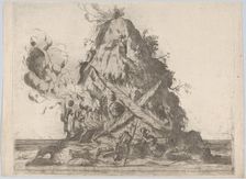Volcano at center with blacksmiths working at left and armor on the ground around ..., 16th century. Creator: Anon