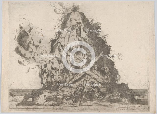 Volcano at center with blacksmiths working at left and armor on the ground around ..., 16th century. Creator: Anon.