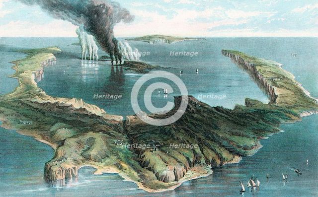 Volcano on the island of Thera (Santorini) in eruption, 1866. Artist: Unknown