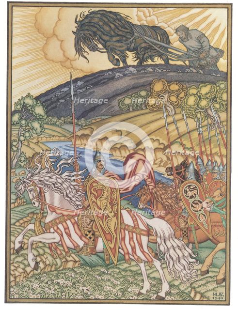 Volga Svyatoslavich and Mikula Selyaninovich, 1940. Artist: Bilibin, Ivan Yakovlevich (1876-1942)